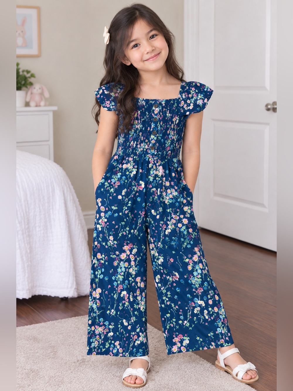Navy Floral Off-Shoulder One-Piece Romper for Girls